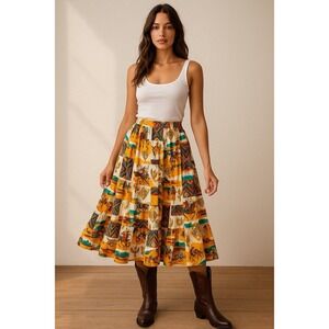VTG Options Melrose Western Tiered Maxi Skirt Cowgirl Rodeo Southwest Print L